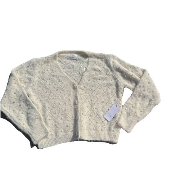 Luna Ivy Cream Diamond Pattern Pearls Buttons Cardigan Sweater Women NWT medium - Picture 1 of 8